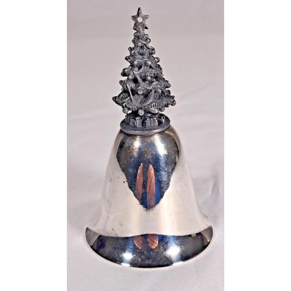 Vintage Christmas Bell with Detailed Pewter Style Evergreen Tree Handle Silver